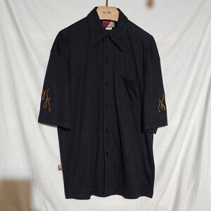 Vtg KikWear California Smooth Cut Made in USA SS BF Camp Shirt Black w Flames L*